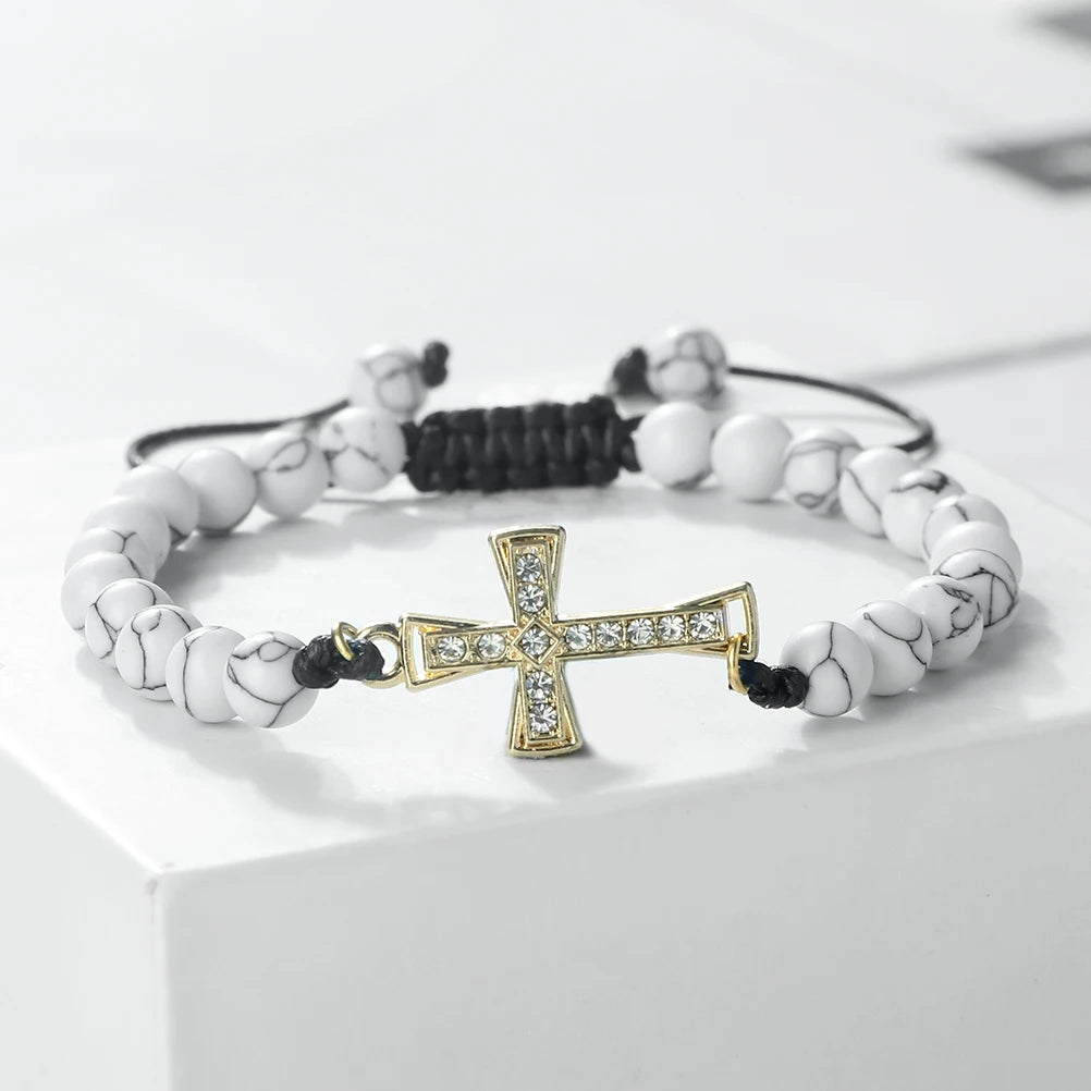 New Charm Jesus Cross Pendant Braided Bracelet 6mm Black Matte Malachite Couple Bracelet Women Men Healing Jewelry Gift  (GoldenCity)