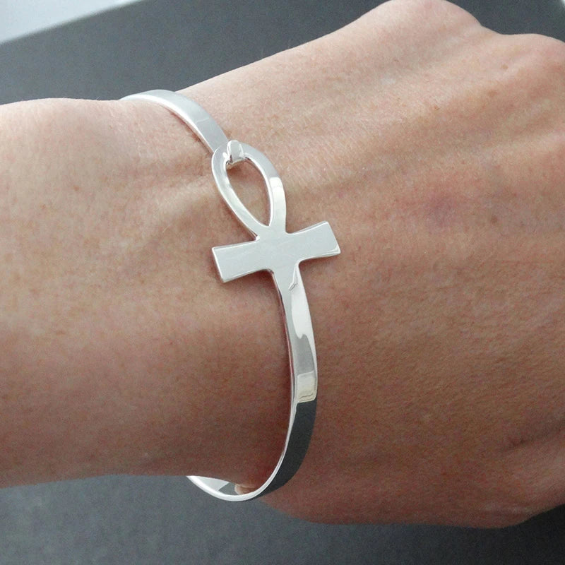 Ankh Cross Bracelet for Women Stainless Steel Key of Life Bangle Bracelet Female Egypt Religious Jewelry 2.3" Diameter  (GoldenCity)