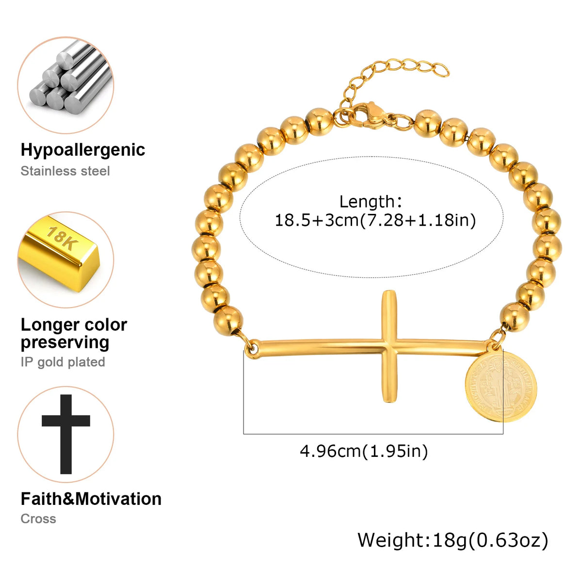 Virgin Mary St. Benedict Cross Bracelet For Women, Stainless Steel Gold Color Beaded Chain Bracelets, Christ Prayer Jewelry  (GoldenCity)