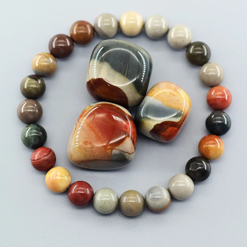 Natural American Picture Stone Bead Bracelet Women Men Amethysts Crystal Quartzs Aquamarines Jades Jewelry Agates Elastic Bangle  (GoldenCity)