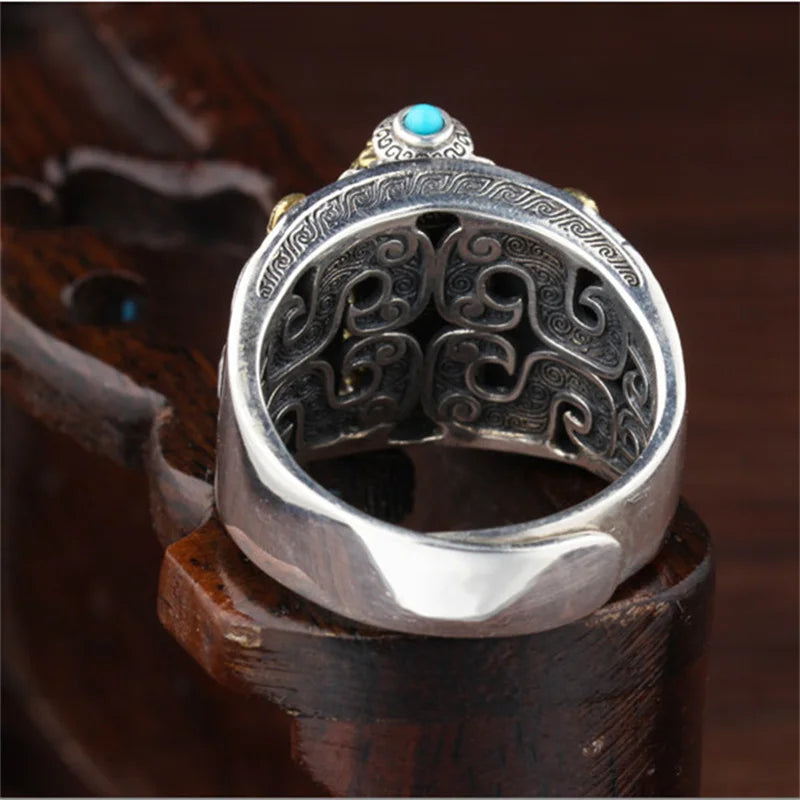 Retro Buddhist Scripture Ring Can Be Rotatable For Men Jewelry Personality Silver 925 Ring Adjustable Male Index Finger Bijou  (GoldenCity)