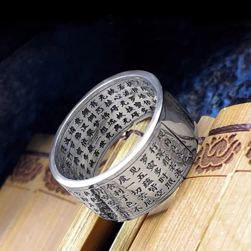 Blessing Prajnaparamita Heart Sutra Ring For Men Jewelry Ethnic Style Vintage Heart Meridian Ring Women Finger Accessories  (GoldenCity)