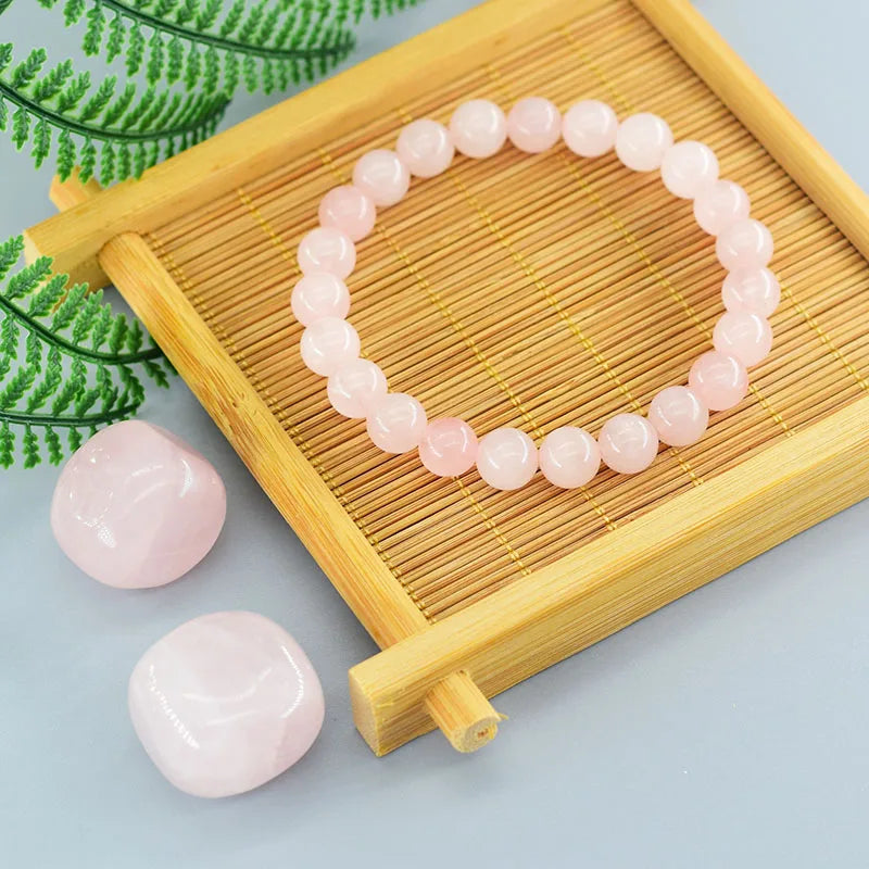 Natural Pink Rose Powder Crystal Quartz Natural Stone Stretch Bracelets Homme Purify the Soul Pulsera Jewelry Beads Lover Women  (GoldenCity)