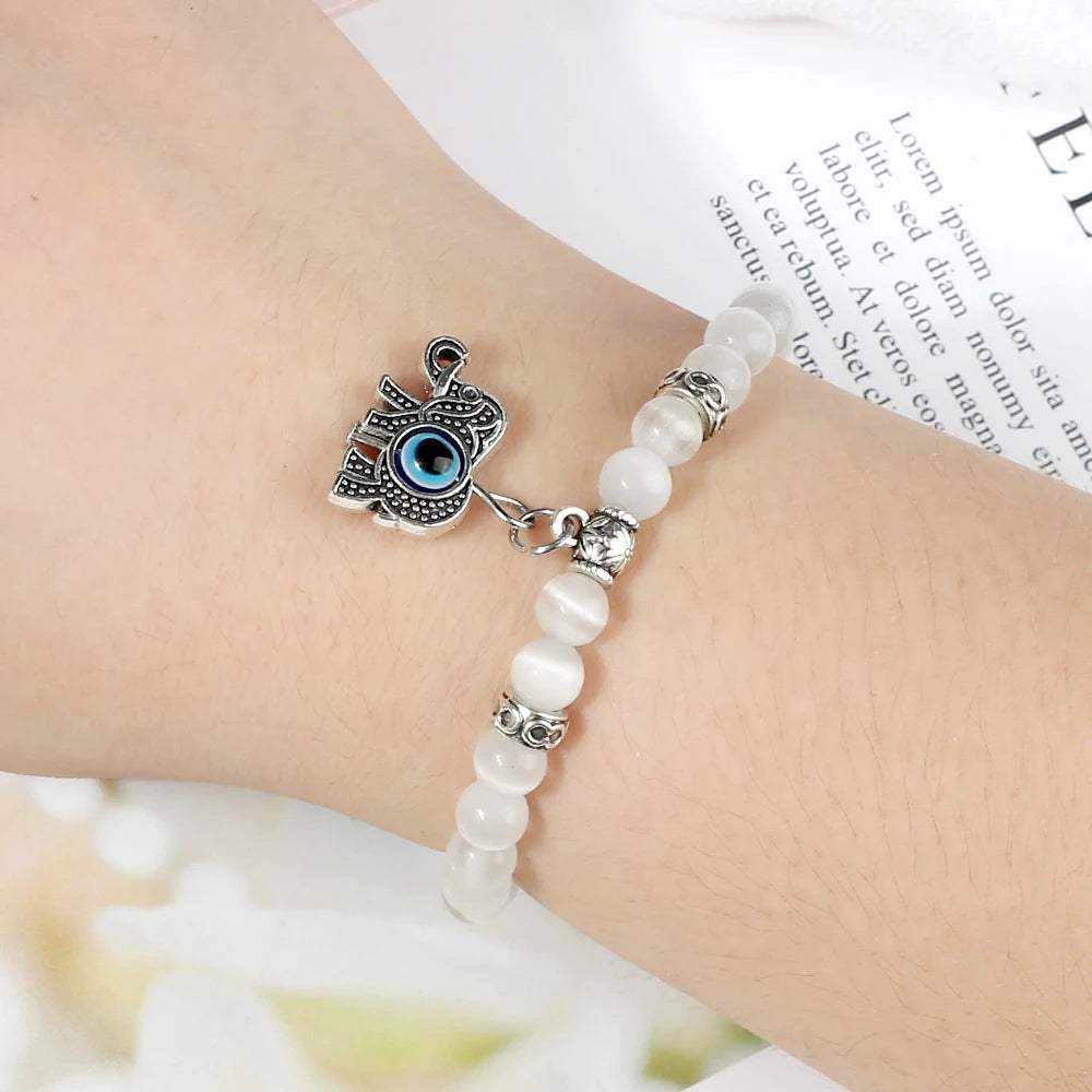 New Charm 6MM White Cat Eye Beaded Bracelet Turkish Evil Eye Butterfly Owl Turtle Pendant Bangles Chain Jewelry Gift for Friend  (GoldenCity)