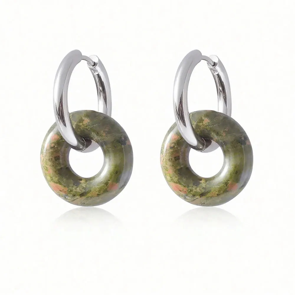 1pair Natural Stone Donut Shaped Stainless Steel Hoop Earrings Ladies Fashion Pink Crystal Agate Malachite Round Women Earrings  (GoldenCity)
