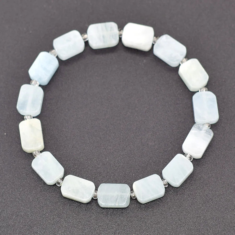 8*12MM Natural Stone Flat Rectangle Aquamarine Bracelet for Women Men Natural Crystal Purfy the Soul Jewelry Gift for Girfriend  (GoldenCity)