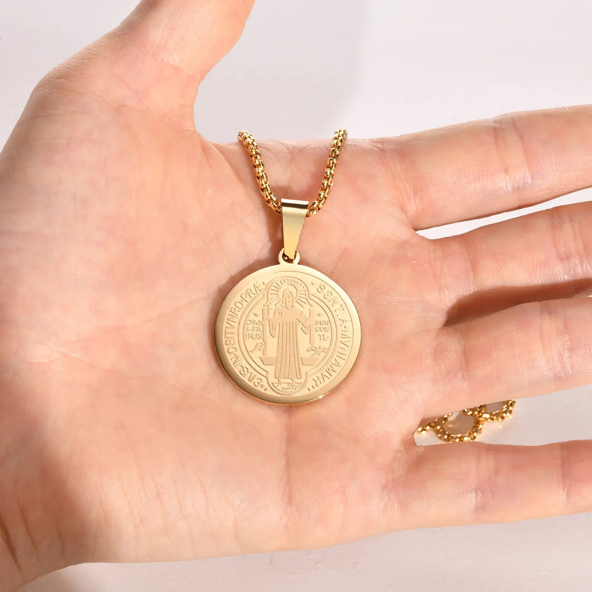 Men Saint Benedict Medal Necklace, Gold Color Stainless Steel Christian Sacramental Catholic Jewelry Gift,with Box Chain  (GoldenCity)