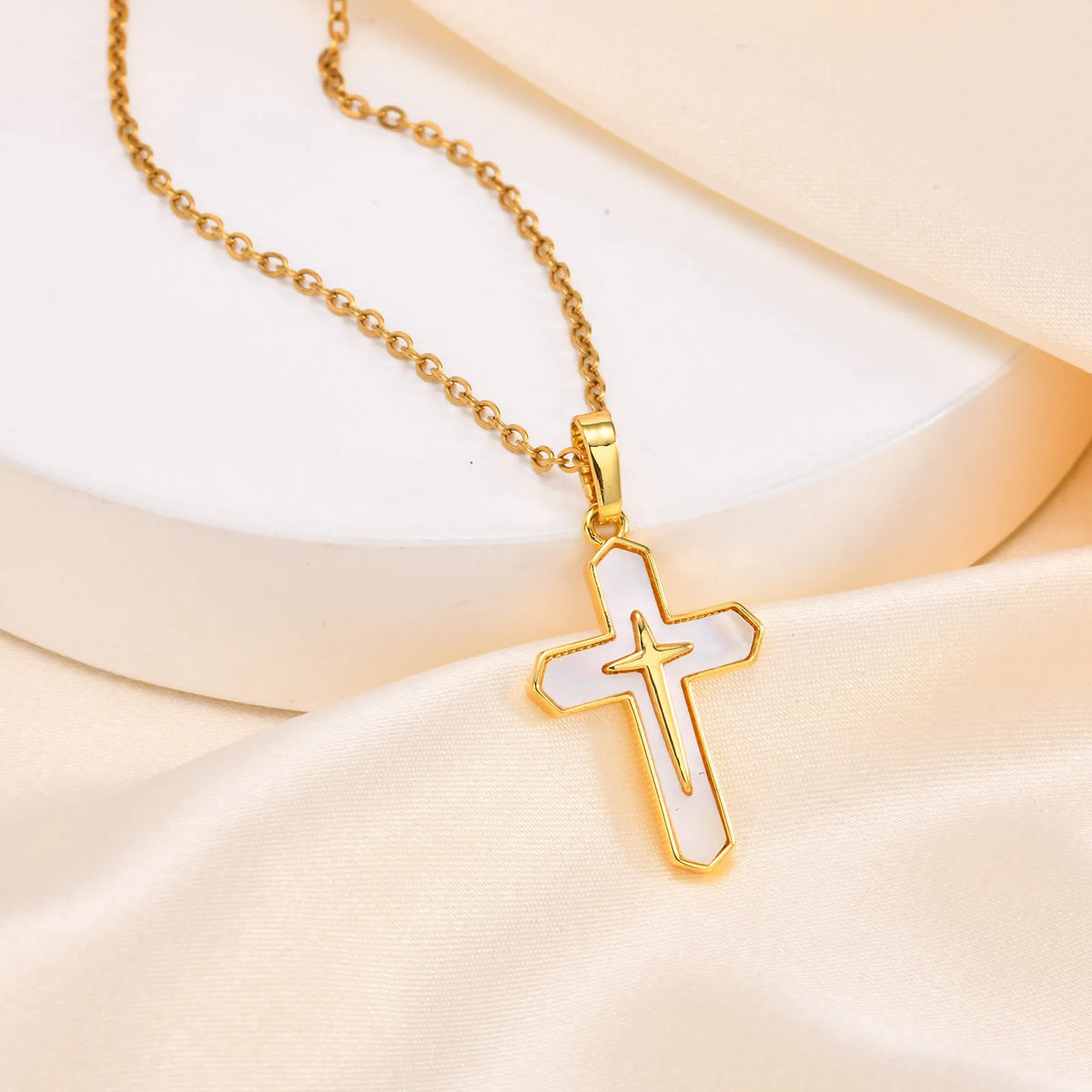 Double Cross Pendant Necklaces for Women, Bling Shell Cross Necklaces, Christ Religious Faith Jewelry  (GoldenCity)