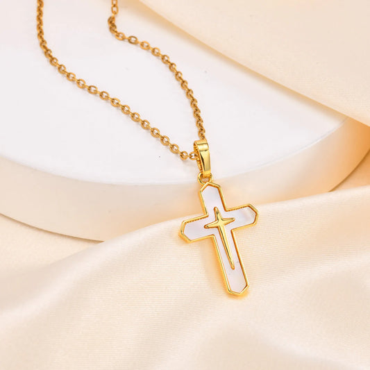Double Cross Pendant Necklaces for Women, Bling Shell Cross Necklaces, Christ Religious Faith Jewelry  (GoldenCity)