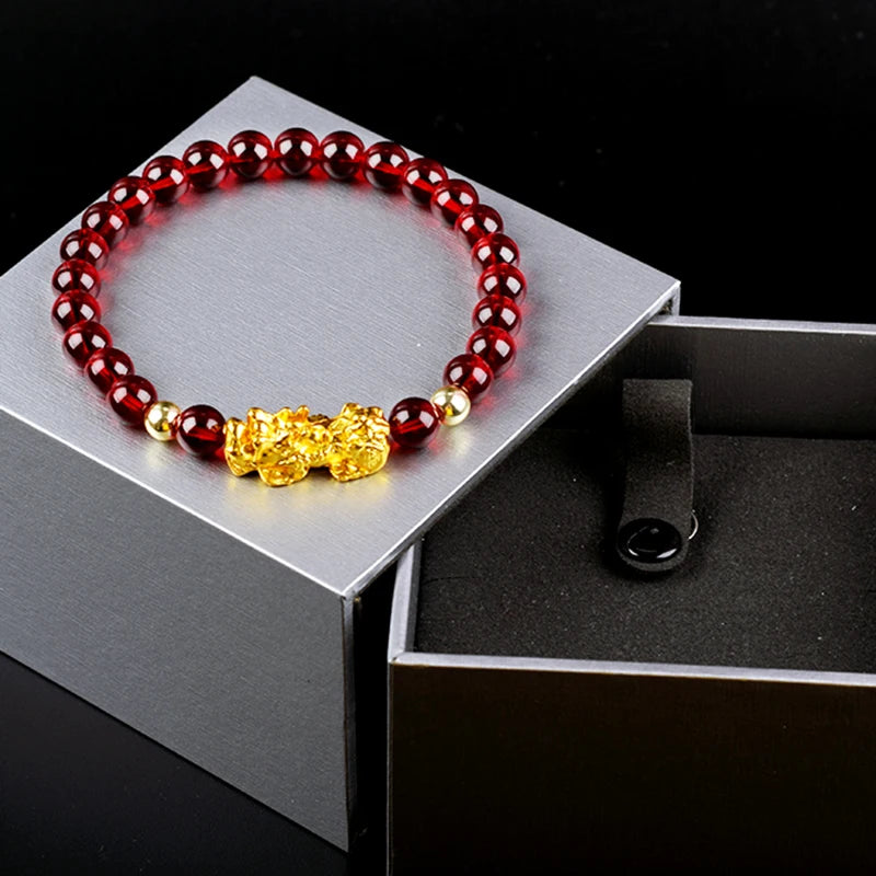 Feng Shui Obsidian Stone Beads Bracelet Men Women Wristband Gold Color Wealth and Good Luck Six Character Proverbs Bracelet  (GoldenCity)