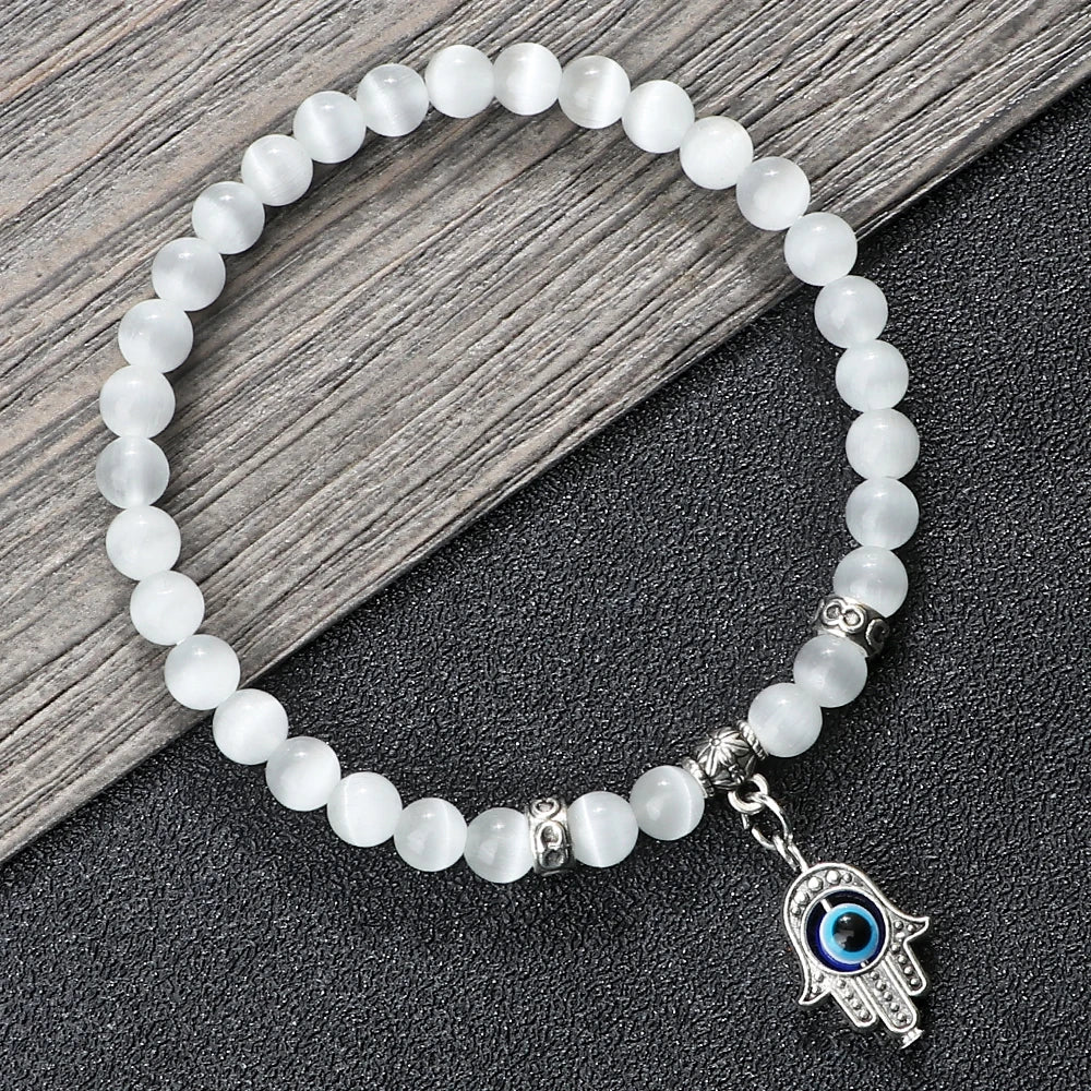 New Charm 6MM White Cat Eye Beaded Bracelet Turkish Evil Eye Butterfly Owl Turtle Pendant Bangles Chain Jewelry Gift for Friend  (GoldenCity)