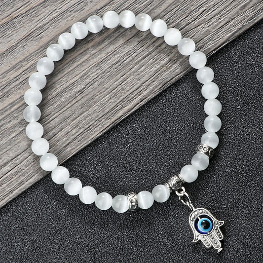 New Charm 6MM White Cat Eye Beaded Bracelet Turkish Evil Eye Butterfly Owl Turtle Pendant Bangles Chain Jewelry Gift for Friend  (GoldenCity)