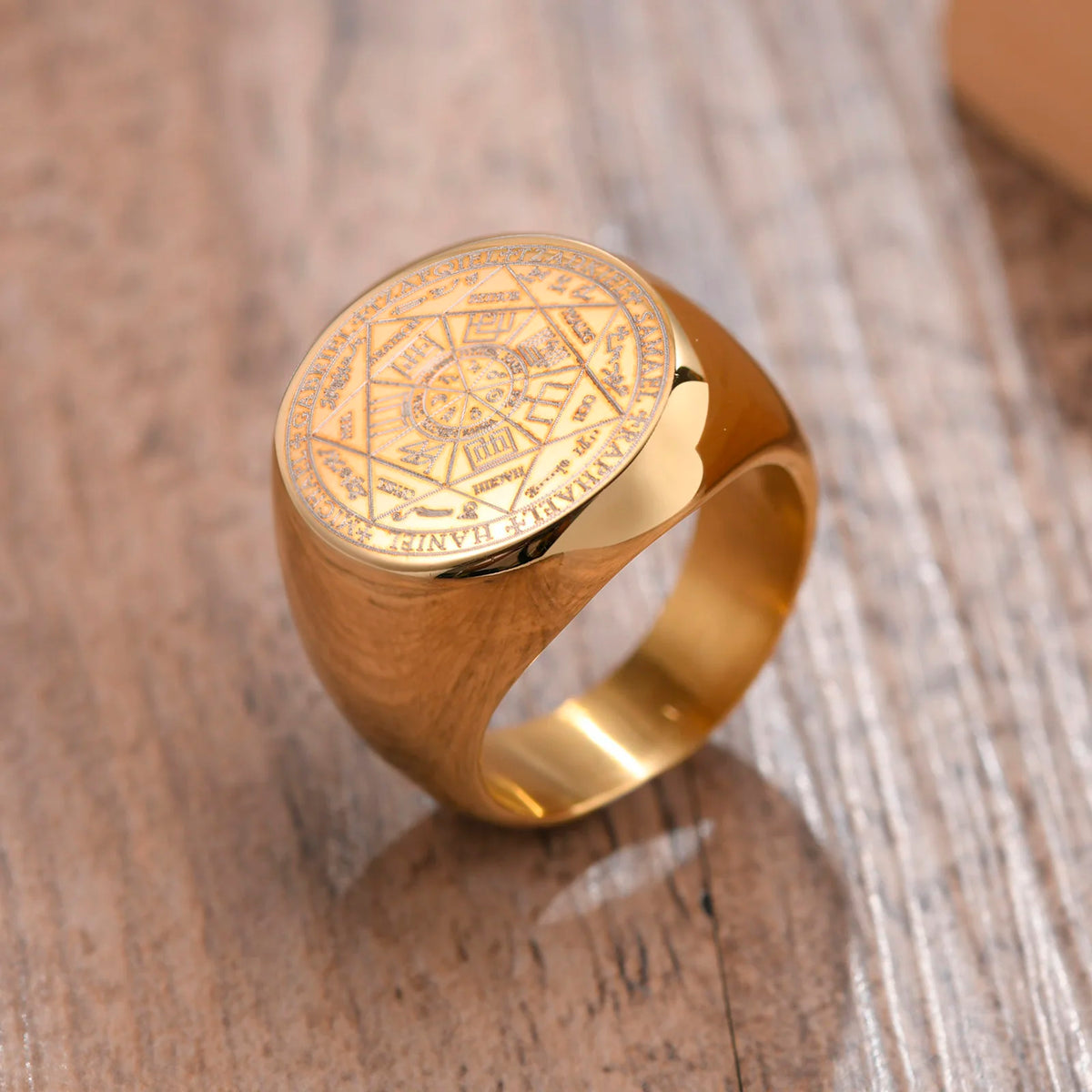 Seven Seals of Angels Rings for Men, Round Top Stamp Finger Band, Metatron Cube Stamp Ring, Chunky Punk Jewelry  (GoldenCity)