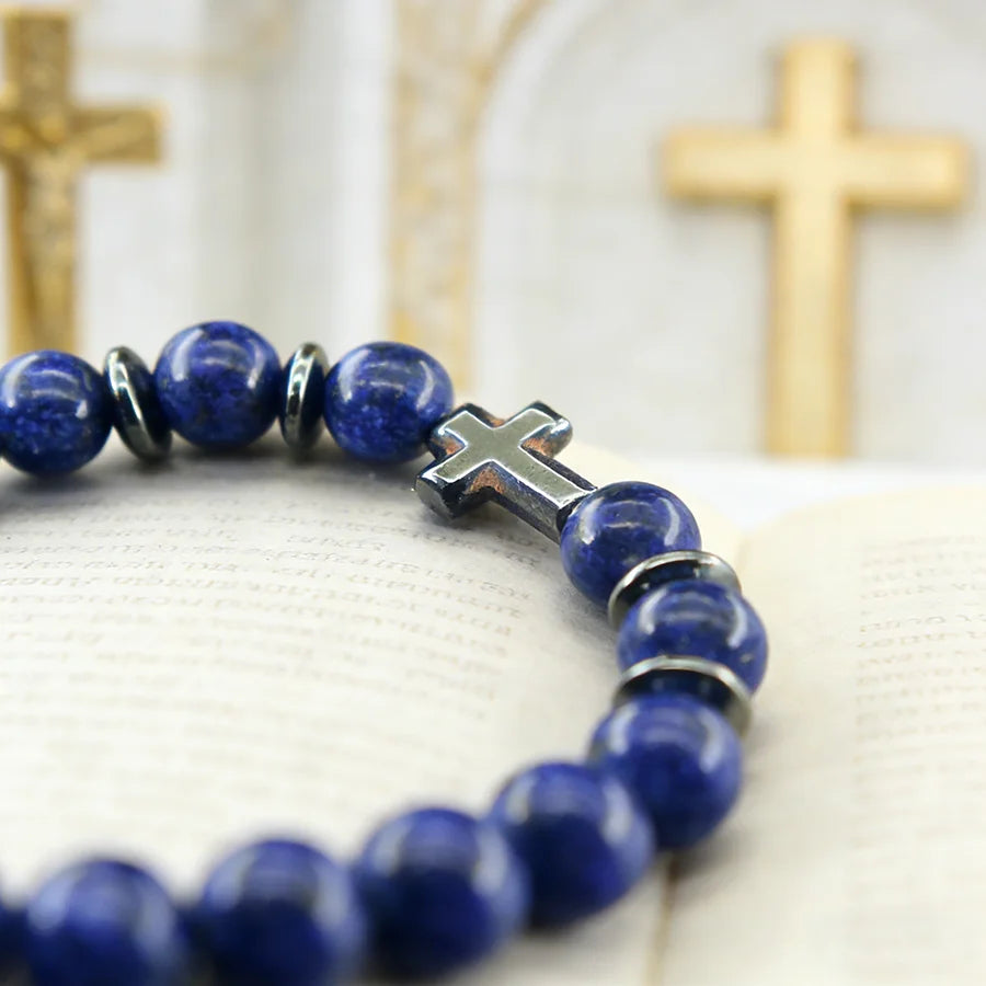 Prayer Cross Charm Natural Stone Beads Bracelet Men Women Rosary Hematite Cross Bracelet Onyx Meditation Bracelet Yoga Jewelry  (GoldenCity)