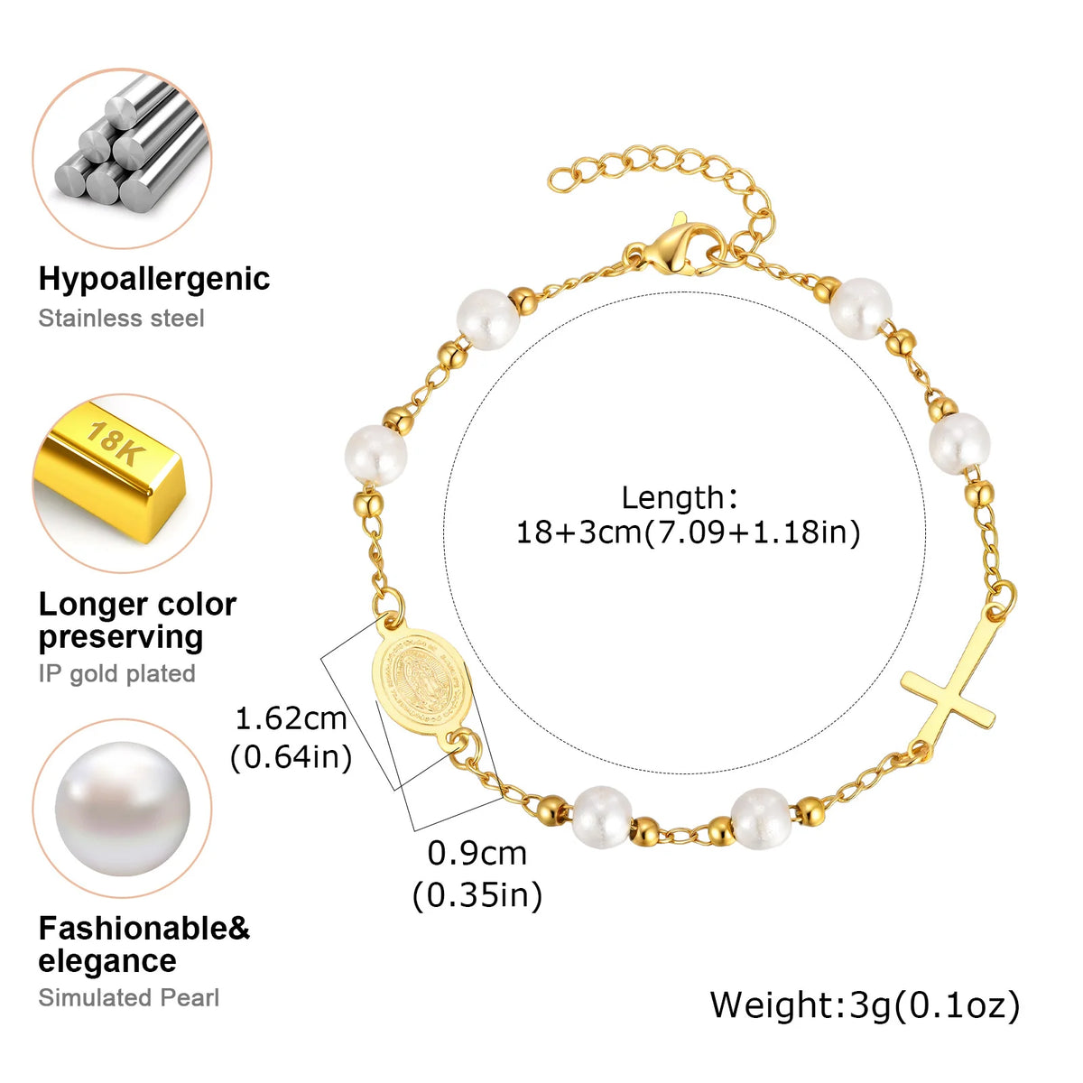 Metal Virgin Mary Saint Benedict Cross Bracelet, Stainless Steel Bead Pearl Chain Bracelets For Women Religious Jewelry  (GoldenCity)