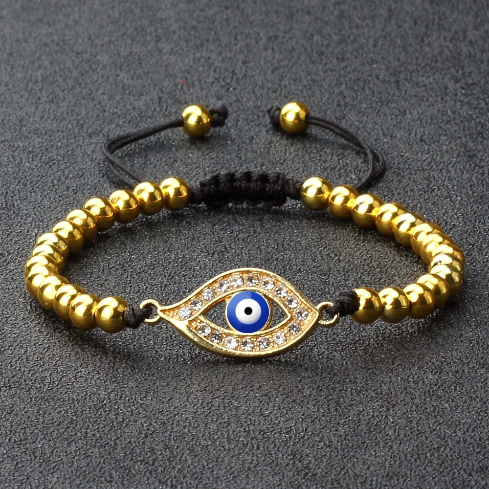 New Turkish Evil Eye Copper Beads Braided Bracelet Women Men Gold Color Healing Yoga Couple Bracelet&Bangles Chain Jewelry Gift  (GoldenCity)