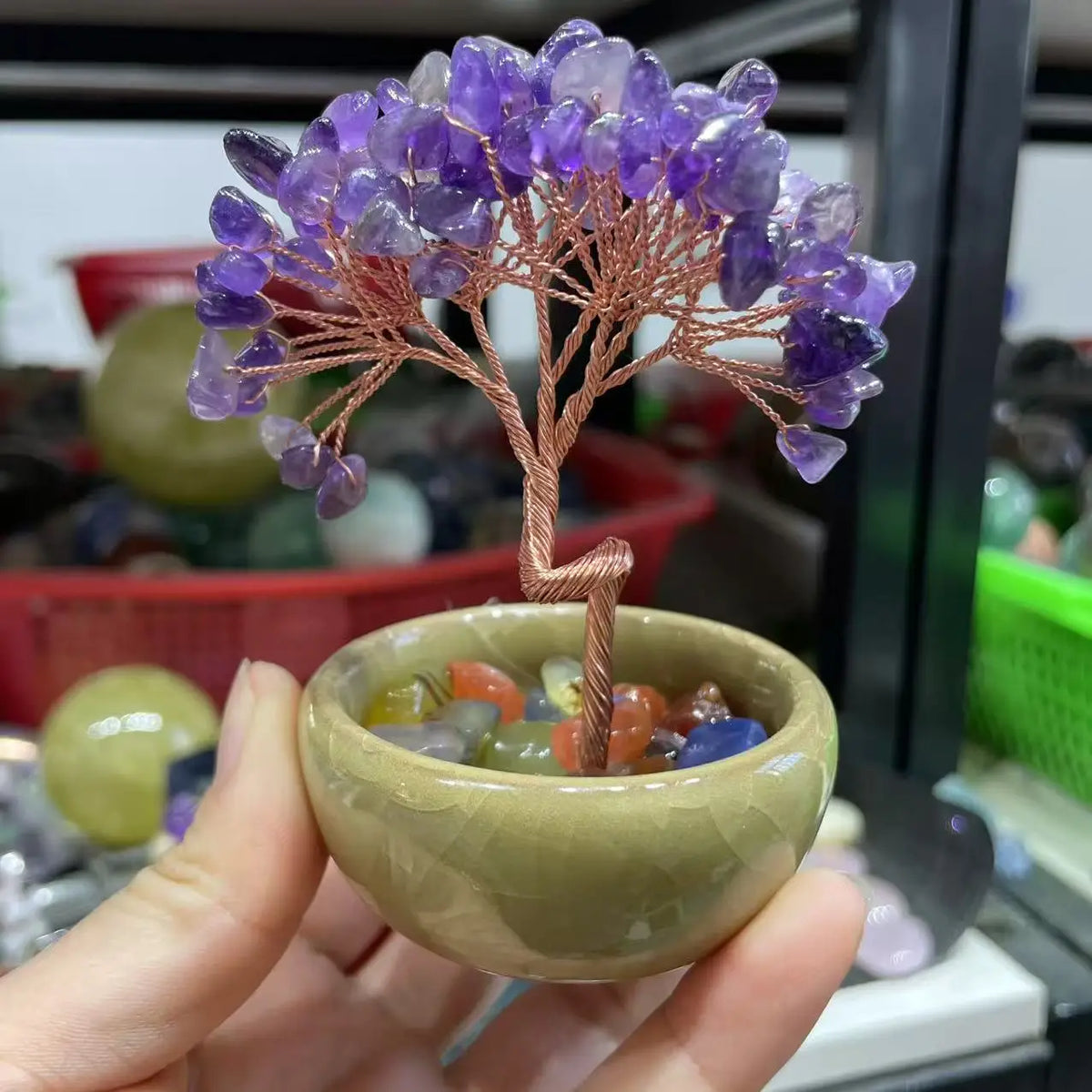 1PC Natural Crystal Tree Energy Stone Citrine Amethyst Money Tree Copper Wire Wrapped Colorful Teabowl Yoga Feng Shui Trees  (GoldenCity)