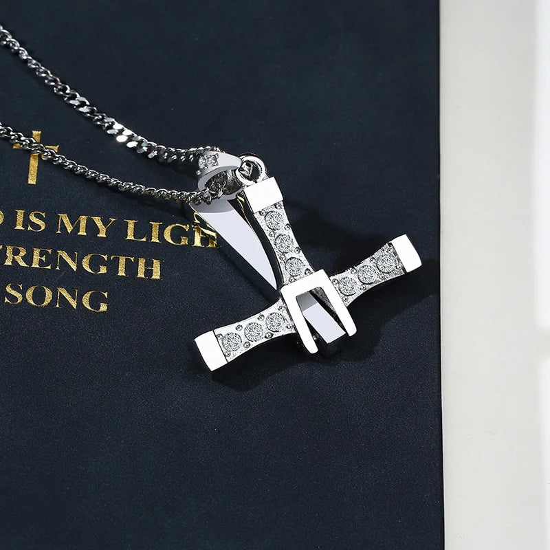 Big Cross Necklace for Men, Flexible Arm, Full Stone Prayer Cross Pendant with Box Chain, Punk Rock Gothic Collar  (GoldenCity)
