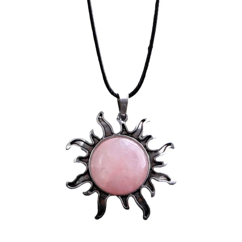 Fashion Natural Gem Stone Quartz Crystal Tiger-eye Plated Silver Alloy Sun Pendant Jewelry Making Accessories Sun Necklace Gift  (GoldenCity)