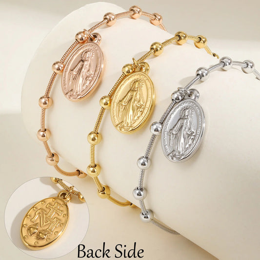 Double Sides Women Rosary Bracelets,Gold Plated Stainless Steel Religious Prayer Charm Bracelet,Cross Virgin Mary Bracelets  (GoldenCity)