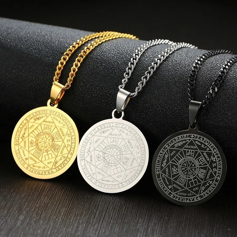 Mens The Seal of The Seven Archangels Necklace 3 Colors Stainless Steel Round Male Pendant Jewelry Free Chain 24"  (GoldenCity)