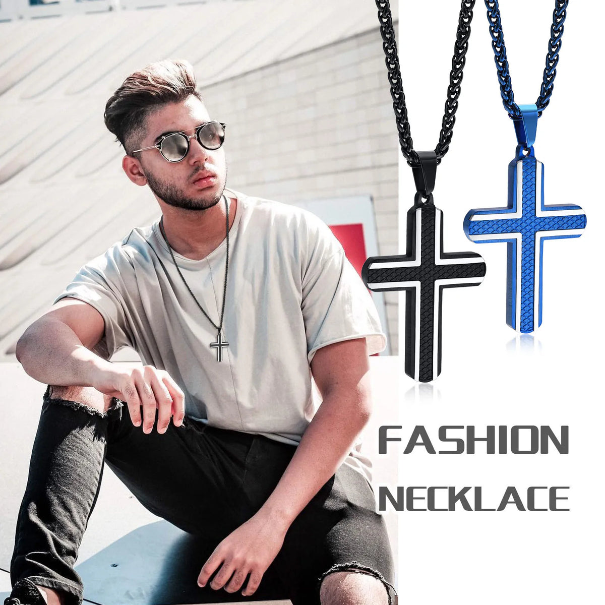 Cross Necklaces for Men, Blue Black Rhombus Stainless Steel with 60cm Wheat Chain, Stylish Cool Christ Jesus Faith Jewelry  (GoldenCity)