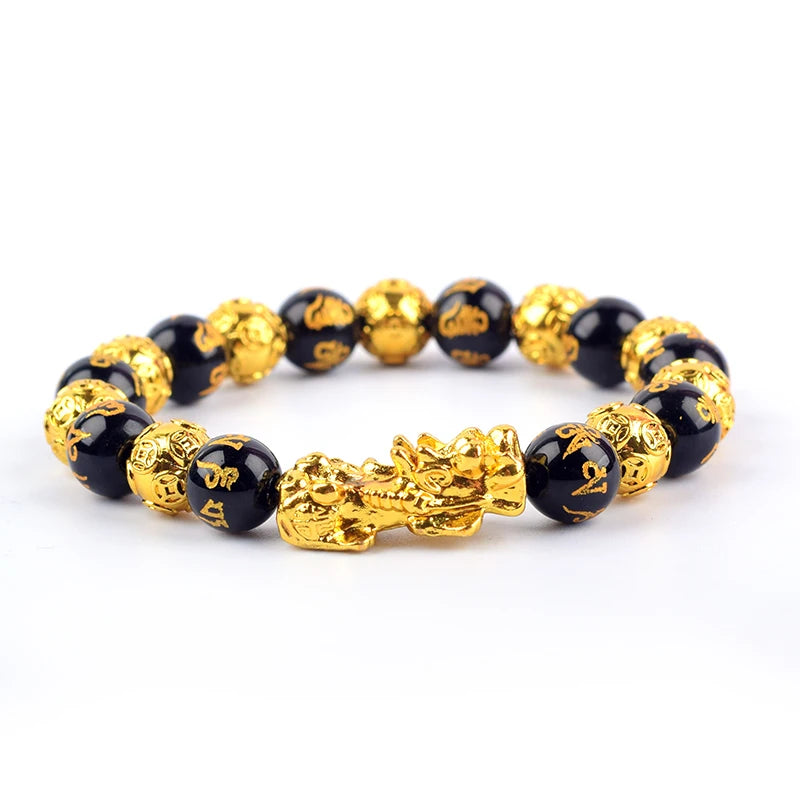 Pixiu Bracelet Feng Shui Wealth and Good Luck Bracelet Homme Wristband Gold Color Obisidian Stone Beads Black Six Character Gift  (GoldenCity)