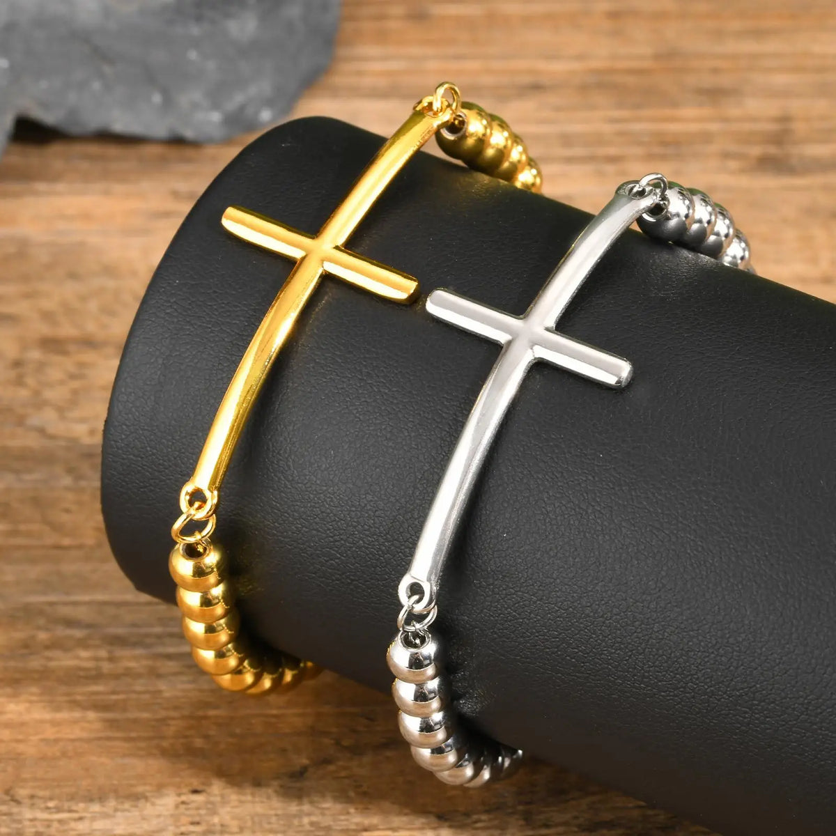Simple Big Cross Bracelets with Glossy Stainless Steel Beads Bracelets, Adjustable Beaded Chain Men Religious Faith Jewlery  (GoldenCity)