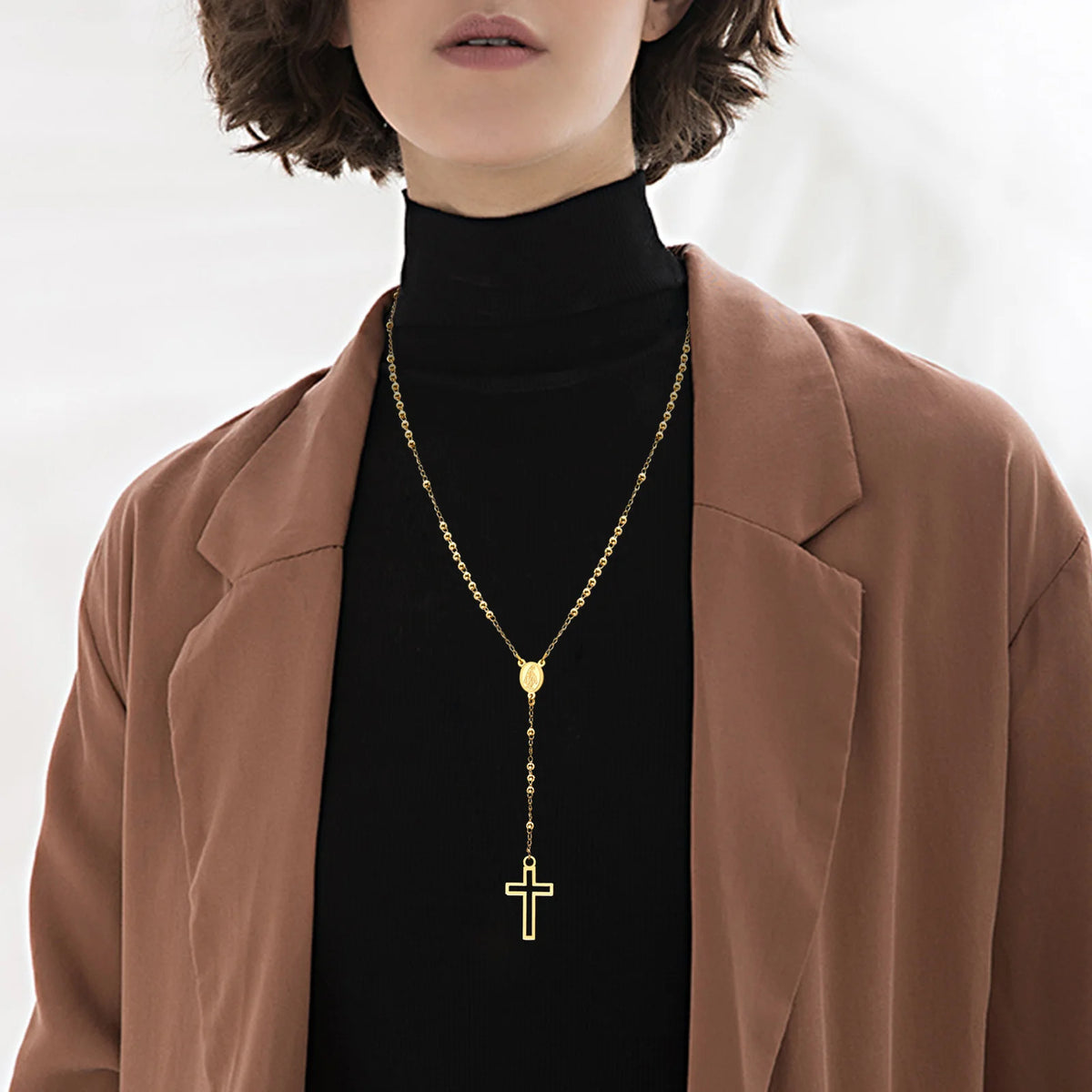Cross Rosary Necklaces for Women, Hollow Cross Maria Pendant, Stainless Steel Christ Jesus Prayer Jewelry  (GoldenCity)