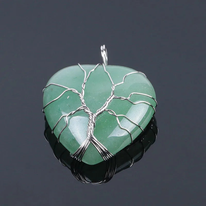 Natural Stone Tree of Life Wire Wrapped Love Heart Necklace Pendant Natural Stone Tiger Eye Pink Quartz Black Agate For Women  (GoldenCity)