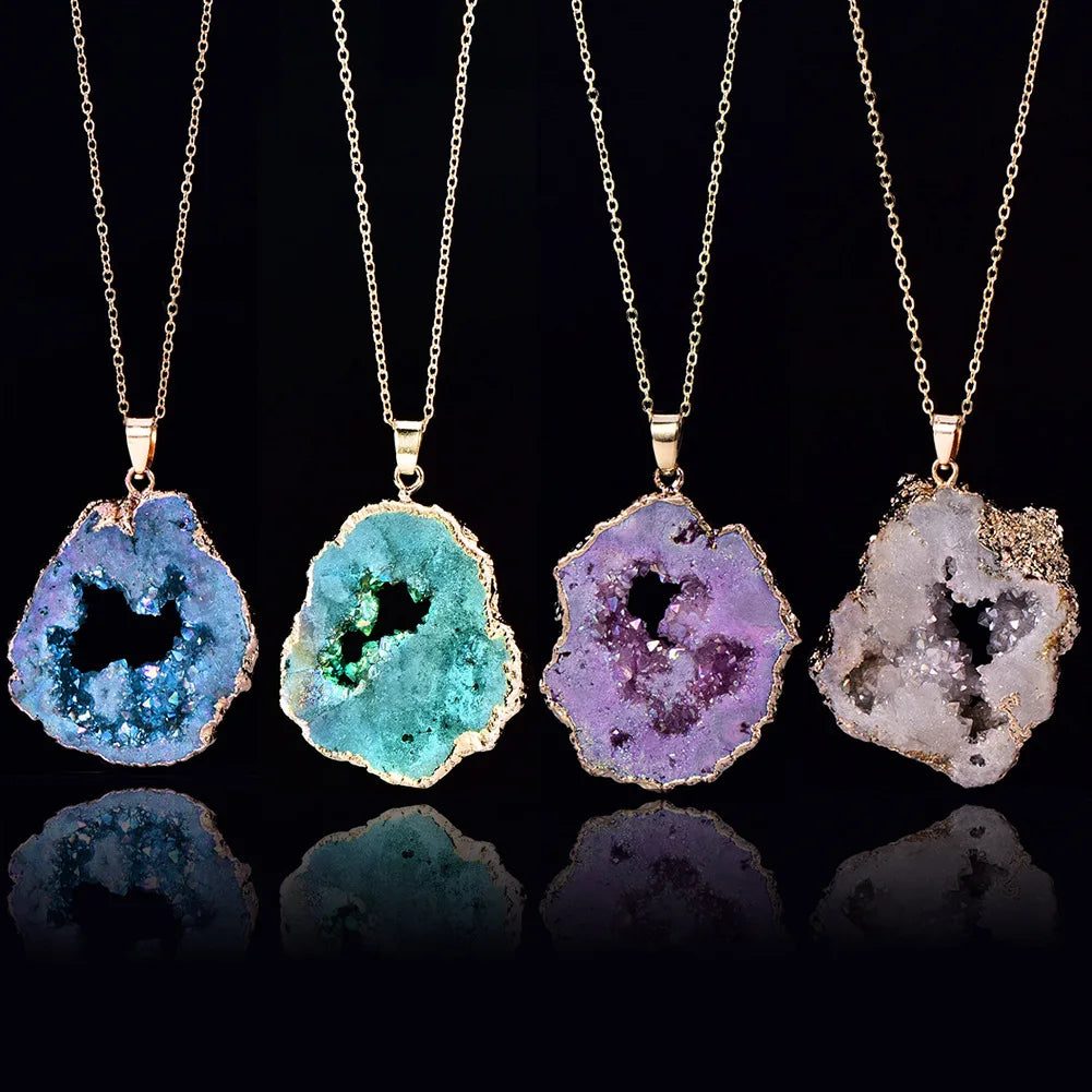 Natural Irregular Agate Charms Geode Quartz Slice Crystal Druzy Pendant Necklace DIY Jewelry Making Natural Agate Slice Necklace  (GoldenCity)