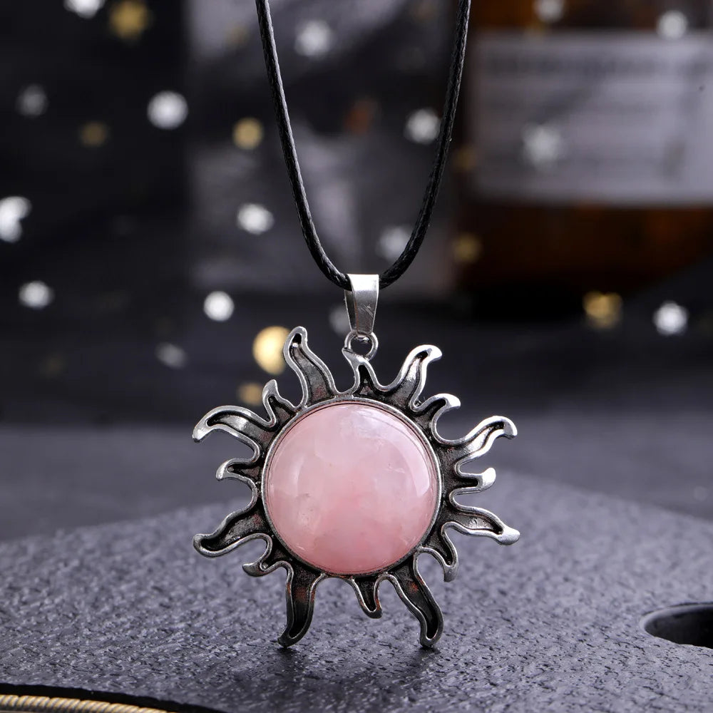 Fashion Natural Gem Stone Quartz Crystal Tiger-eye Plated Silver Alloy Sun Pendant Jewelry Making Accessories Sun Necklace Gift  (GoldenCity)