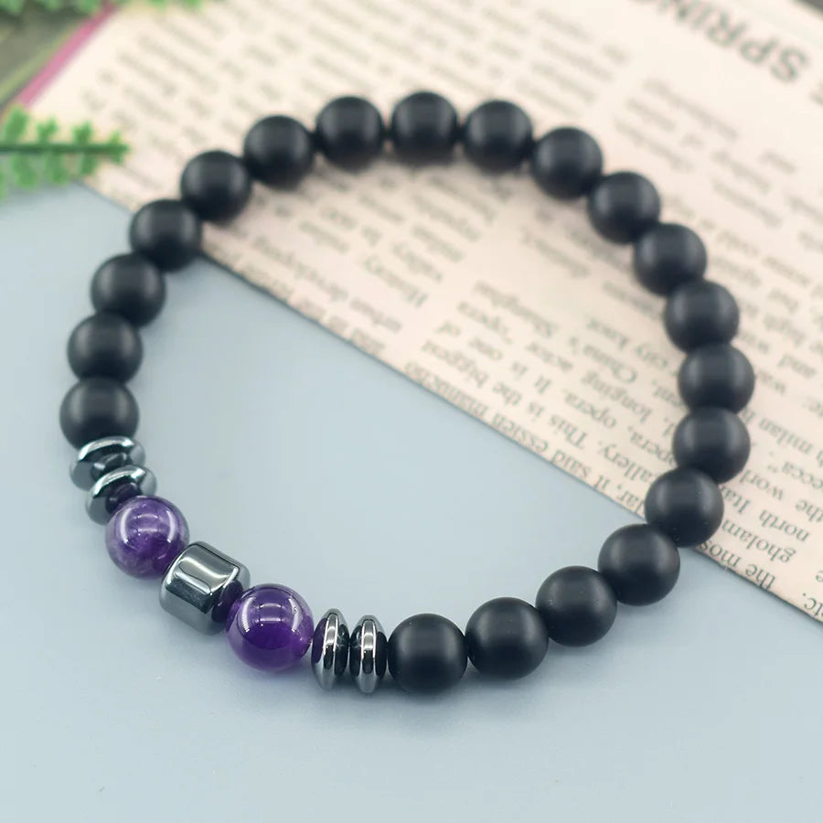 Natural Amethyst Crystal Beads Bracelet Women Hematite Cylinder Meditation Healing Purify the Soul Jewelry Pulseras Hombre Gift  (GoldenCity)