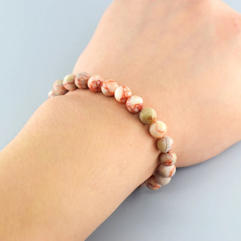 Natural Stone Round Red Spider Web Stripe Network Beads Bracelet Women Stretch Handmade Jewelry Men Red Picasso Beads Wholesale  (GoldenCity)