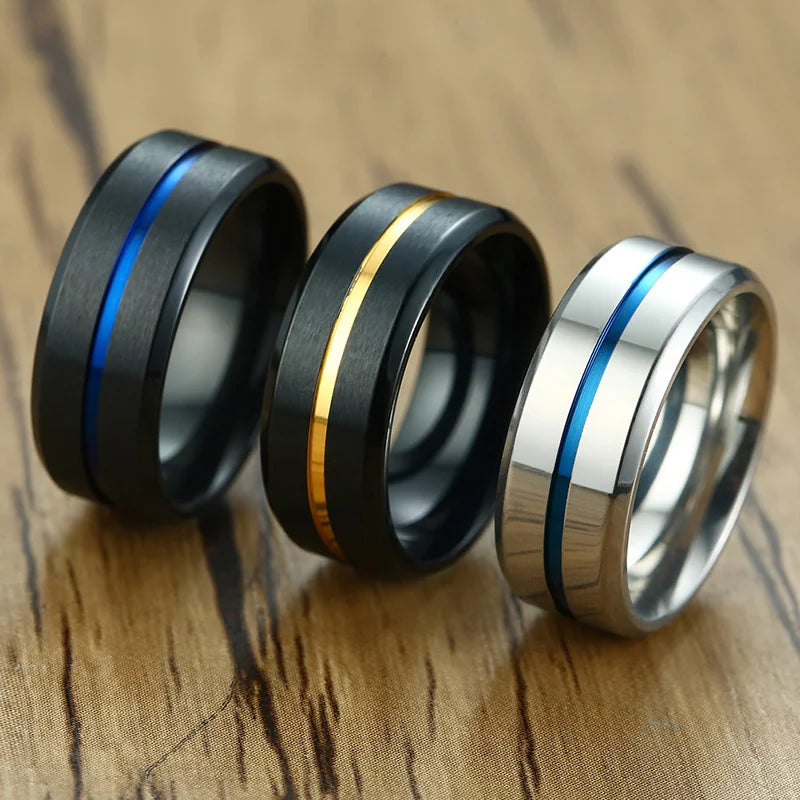 Mens Basic 8MM Wedding Bands Rings Matte Finished Stainless Steel with Thin Line anel masculino Gifts for Him  (GoldenCity)