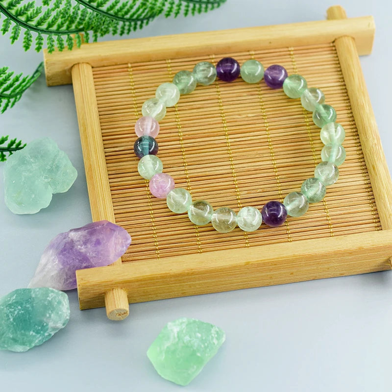 Fluorite Bracelet with Natural Stones 6 8 10mm Beads Charm Jewelry for Women Amethyst Crystal Agates Beads Energy Healing Bangle  (GoldenCity)