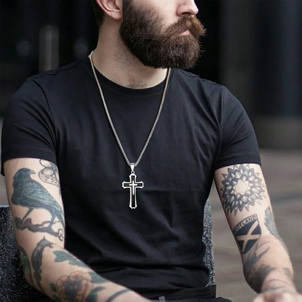 Chunky Three Layered Cross Necklaces for Men, Black Silver Color Stainless Steel Bold Faith Cross Pendant,Hip Hop Necklace  (GoldenCity)