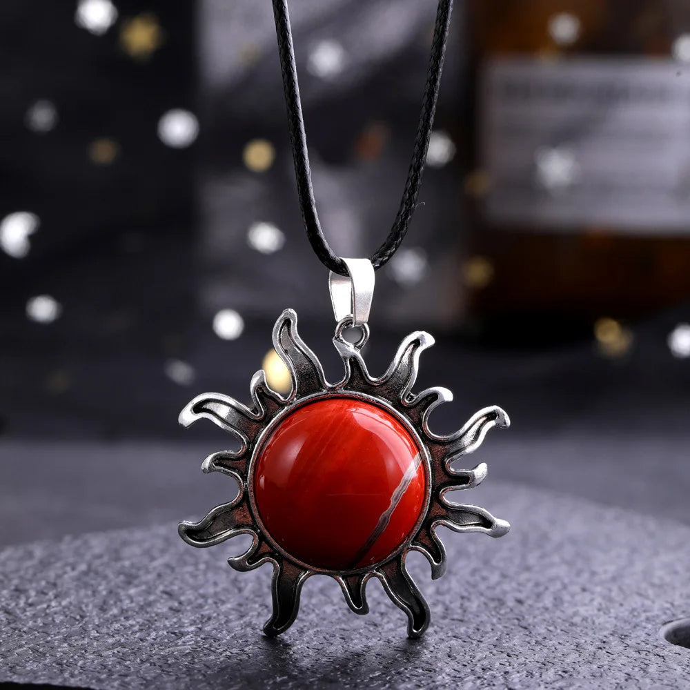 Fashion Natural Gem Stone Quartz Crystal Tiger-eye Plated Silver Alloy Sun Pendant Jewelry Making Accessories Sun Necklace Gift  (GoldenCity)