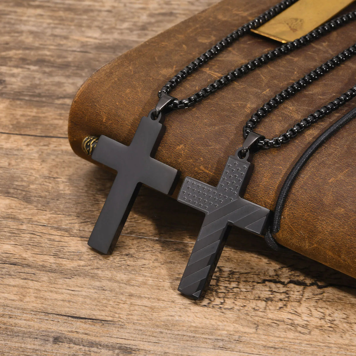 American Flag Cross Pendant Necklace for Men, Bold US Flag Textured Pendant, Black Stainless Steel Faith Jewelry  (GoldenCity)