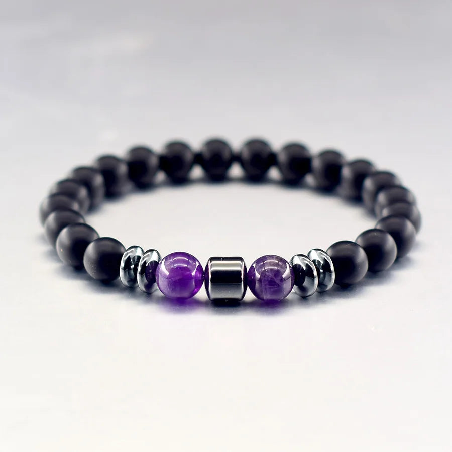 Natural Amethyst Crystal Beads Bracelet Women Hematite Cylinder Meditation Healing Purify the Soul Jewelry Pulseras Hombre Gift  (GoldenCity)