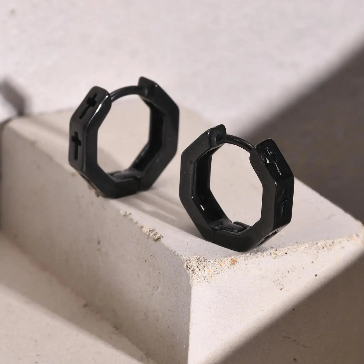 Anti Allergy Stainless Steel Hoop Earrings for Men Boys, Hollow Cross Huggies, Geometric Octagon Ear Jewelry  (GoldenCity)