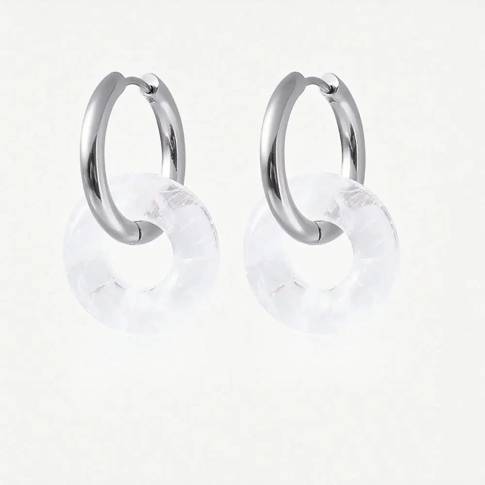 1pair Natural Stone Donut Shaped Stainless Steel Hoop Earrings Ladies Fashion Pink Crystal Agate Malachite Round Women Earrings  (GoldenCity)