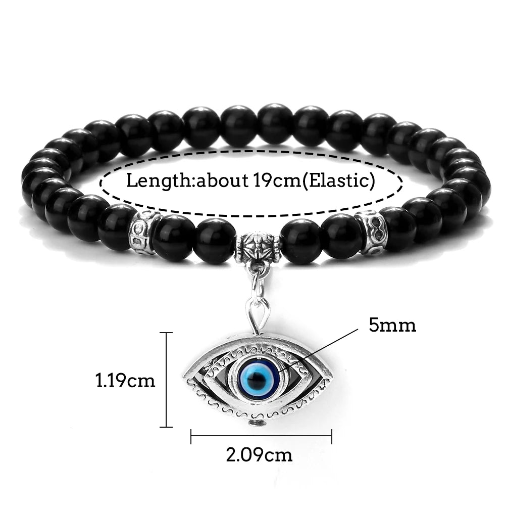 New 6MM Black Polish Beaded Bracelet Lucky Turkish Evil Eye Alloy Pendant Couple Bracelet&Bangles Chain Jewelry Gift for Friend  (GoldenCity)