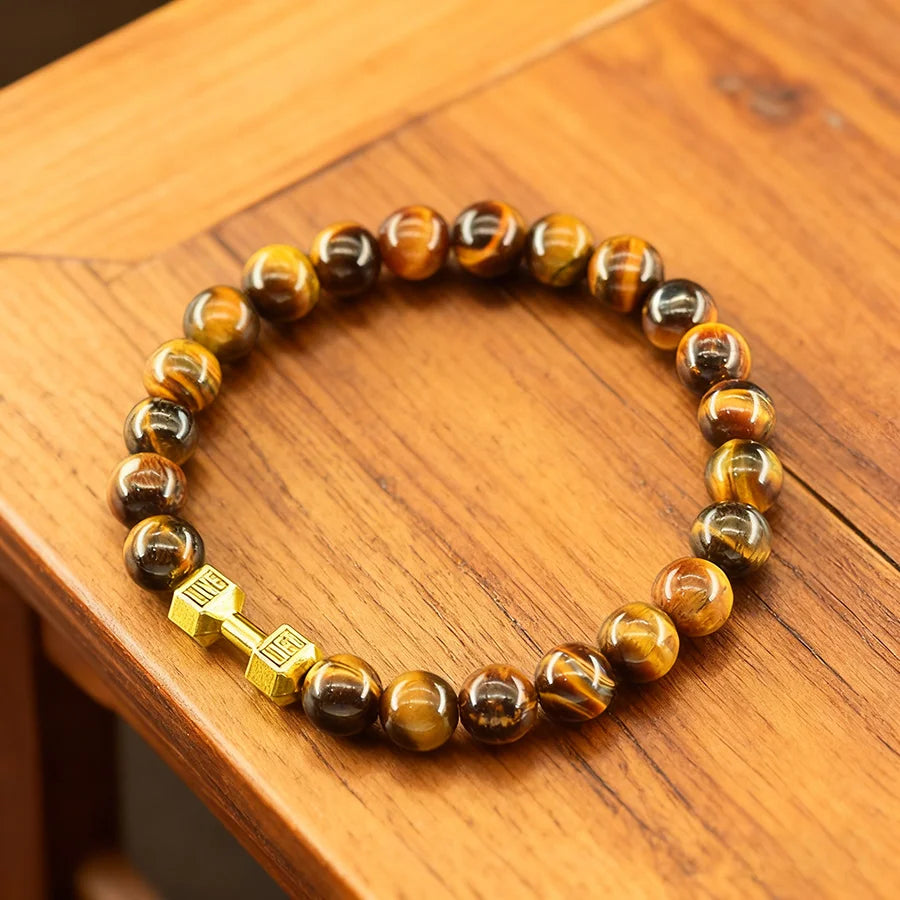 Natural Yellow Tiger Eye Stone Beads Bracelet Men Dumbbell Pendant Accessories Gym Fitness Men Jewelry Gift for Boyfriend Bangle  (GoldenCity)