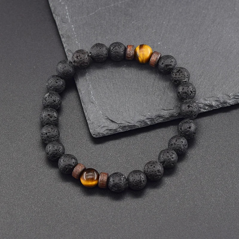 Natural Yellow Tiger Eye Bead Bracelet Men Women Black Volcanic Lava Wristband Tibetan Buddha Elastic Rope Couple Stone Bracelet  (GoldenCity)