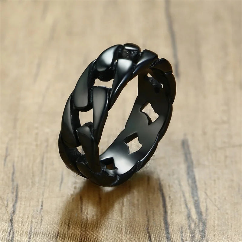 Men Vintage Oxidized Stainless Steel Rings, Links Shaped Finger Band, Punk Rock Male Alliance  (GoldenCity)
