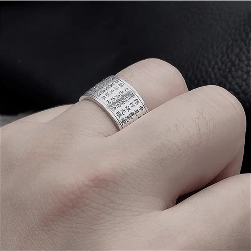 Blessing Prajnaparamita Heart Sutra Ring For Men Jewelry Ethnic Style Vintage Heart Meridian Ring Women Finger Accessories  (GoldenCity)
