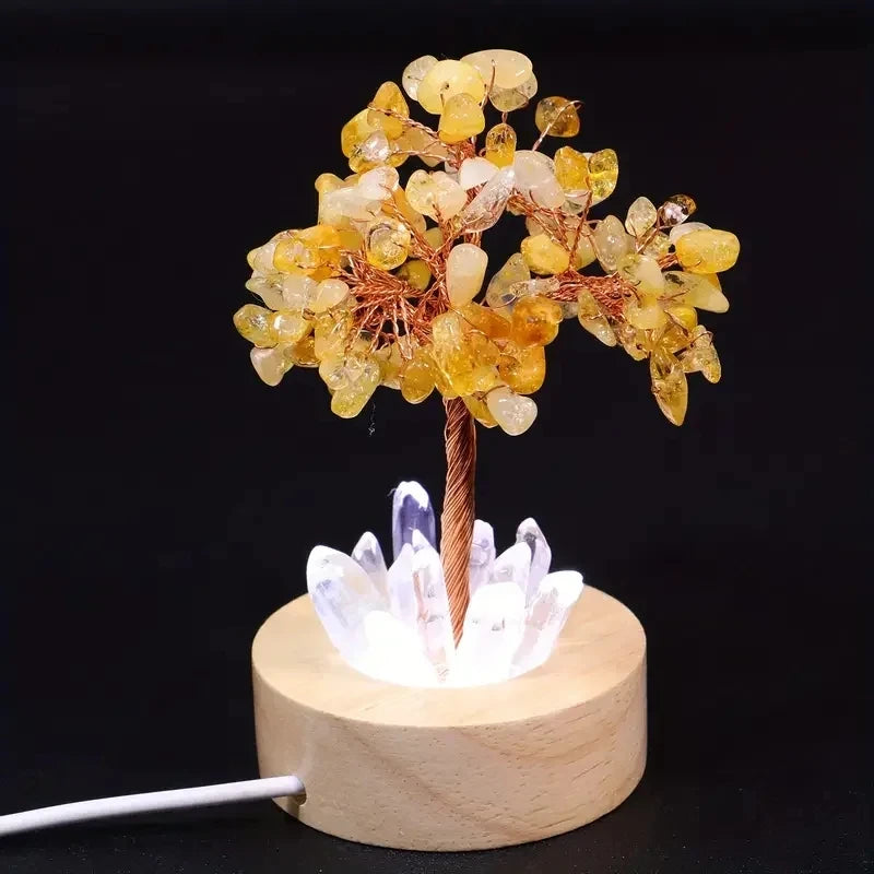 1pcs Crystal Money Tree Reiki Chakra Feng Shui Trees Decor Sparkling Crystal Tree Of Wealth With LED Base Crystal Birthday Gift  (GoldenCity)