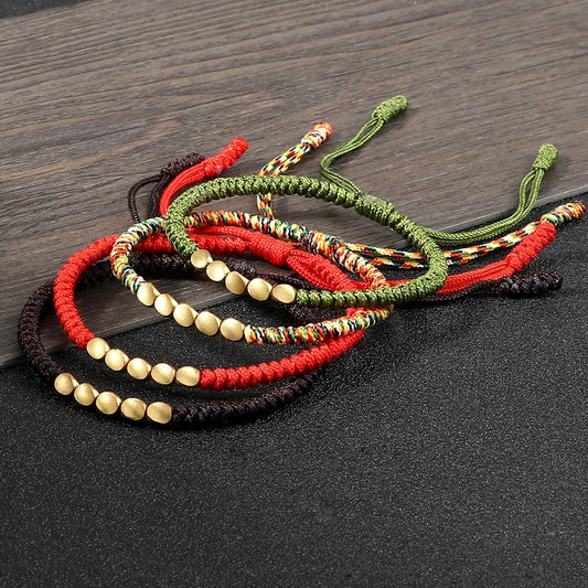 Handmade Tibetan Copper Bead Thread Braided Bracelet Red Lucky Rope Prayer Wristband Bracelets for Men Women Ethnic Jewelry Gift  (GoldenCity)