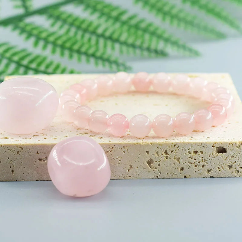 Natural Pink Rose Powder Crystal Quartz Natural Stone Stretch Bracelets Homme Purify the Soul Pulsera Jewelry Beads Lover Women  (GoldenCity)